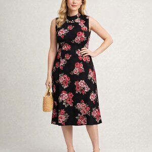 2/$30 Ashley Stewart Floral Print Mock Neck Midi Dress Black Pink 26/28 #A1252